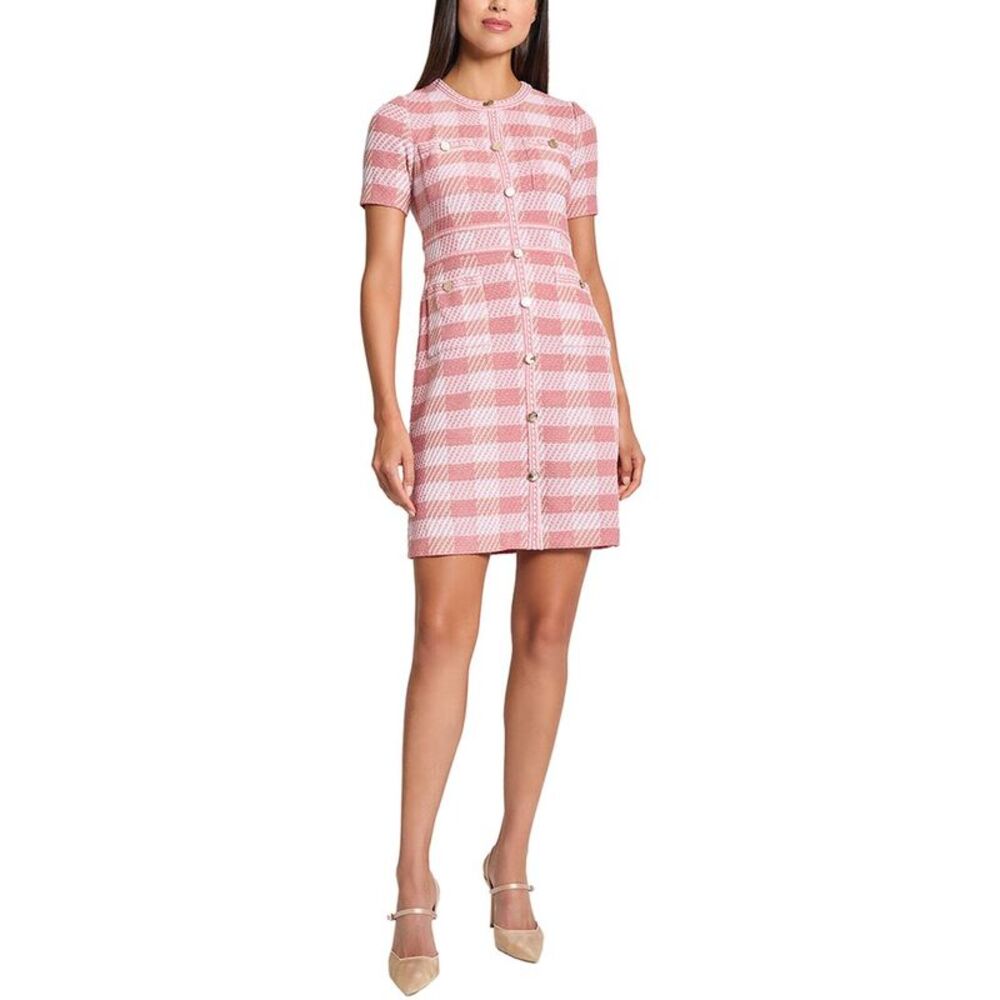 Misook Womens  Bold Plaid Tweed Knit Sheath Dress, Yellow